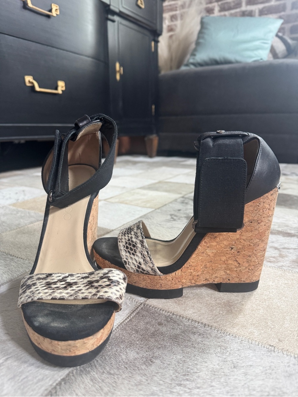 Jimmy Choo Black and Snake-Print Cork Wedge Sandals